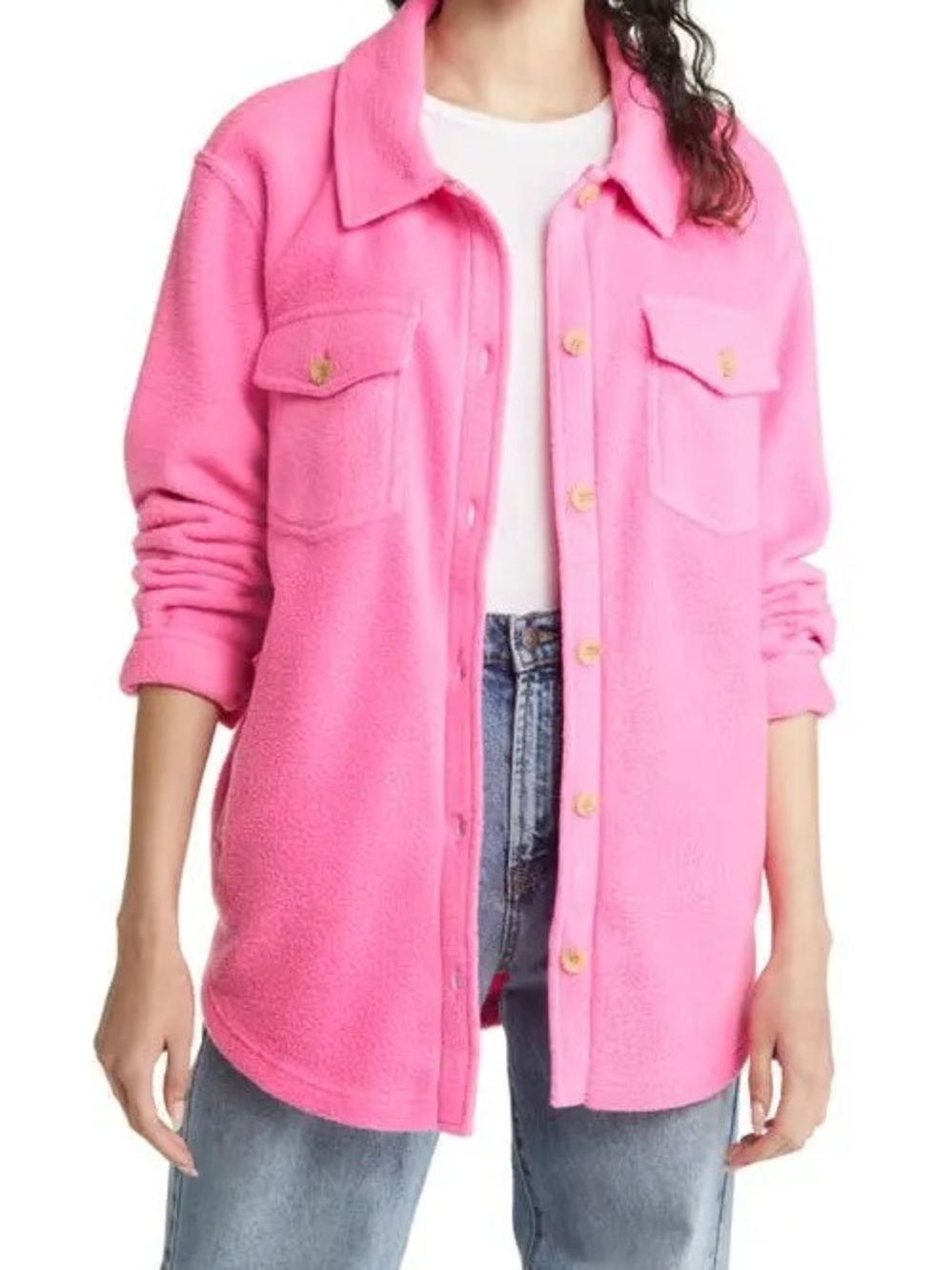 Thread & Supply Bright Hot Pink Teddy Shacket with Chest Pockets Size Small - Picture 2 of 8